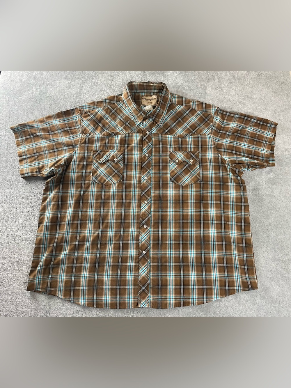 Wrangler Western Shirt Mens 3XL Relaxed Pearl Snap Short Sleeve Brown Blue Plaid